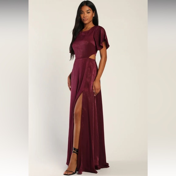 Lulus Garden Bliss Burgundy Satin Cutout Maxi Dress - Picture 2 of 9